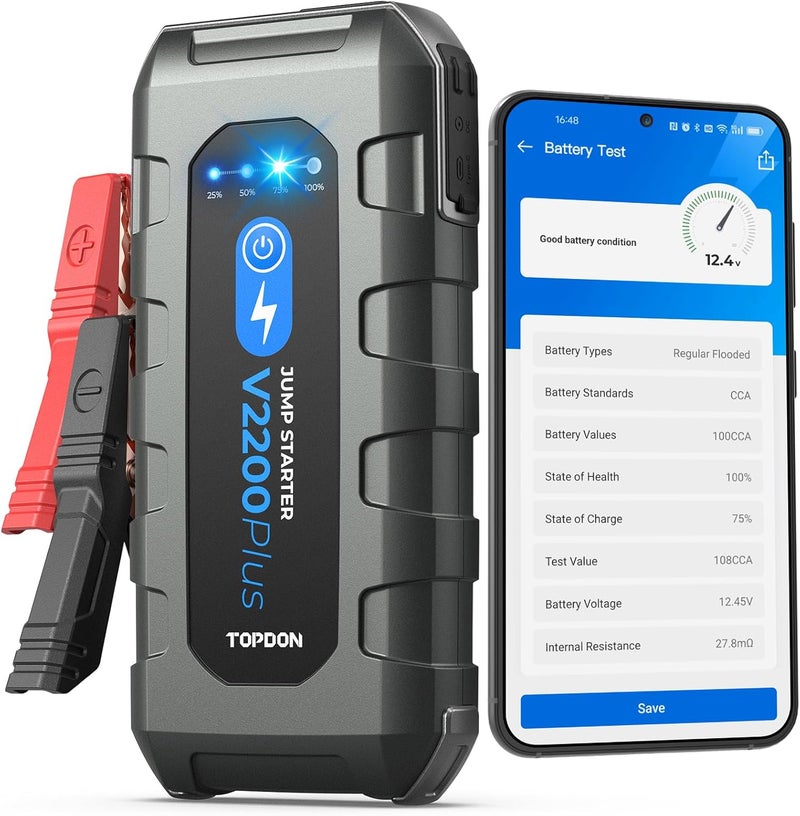 TOPDON V2200Plus 2200A جهاز بدء تشغيل محمول 2 في 1 ومختبر بطارية، 16000mAh بنك طاقة، شحن سريع PD60W Type-C، مصباح LED بقوة 300 لومن للسيارات 12V، SUVs، بنزين حتى 8.0L وديزل حتى 6.0L - Image 1