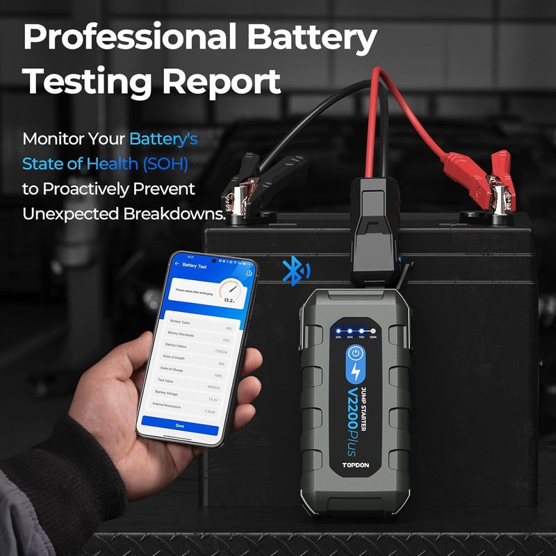 TOPDON V2200Plus 2200A جهاز بدء تشغيل محمول 2 في 1 ومختبر بطارية، 16000mAh بنك طاقة، شحن سريع PD60W Type-C، مصباح LED بقوة 300 لومن للسيارات 12V، SUVs، بنزين حتى 8.0L وديزل حتى 6.0L - Image 4