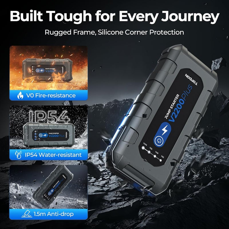 TOPDON V2200Plus 2200A جهاز بدء تشغيل محمول 2 في 1 ومختبر بطارية، 16000mAh بنك طاقة، شحن سريع PD60W Type-C، مصباح LED بقوة 300 لومن للسيارات 12V، SUVs، بنزين حتى 8.0L وديزل حتى 6.0L - Image 5