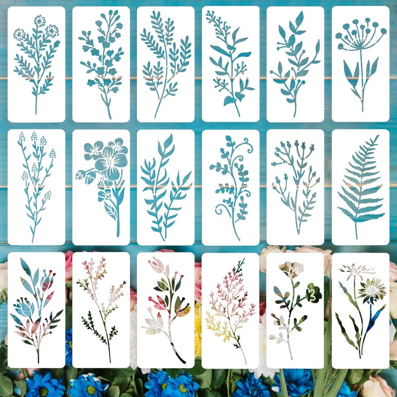 Felixcraft Flower and Leaf Stencils for Painting, 18PCS 6 x 3 Inch Plastic Botanical Stencils for Crafts Reusable, Small Floral Drawing Templates for Painting on Wood Wall Canvas, Card Making & Home Decor - Image 1