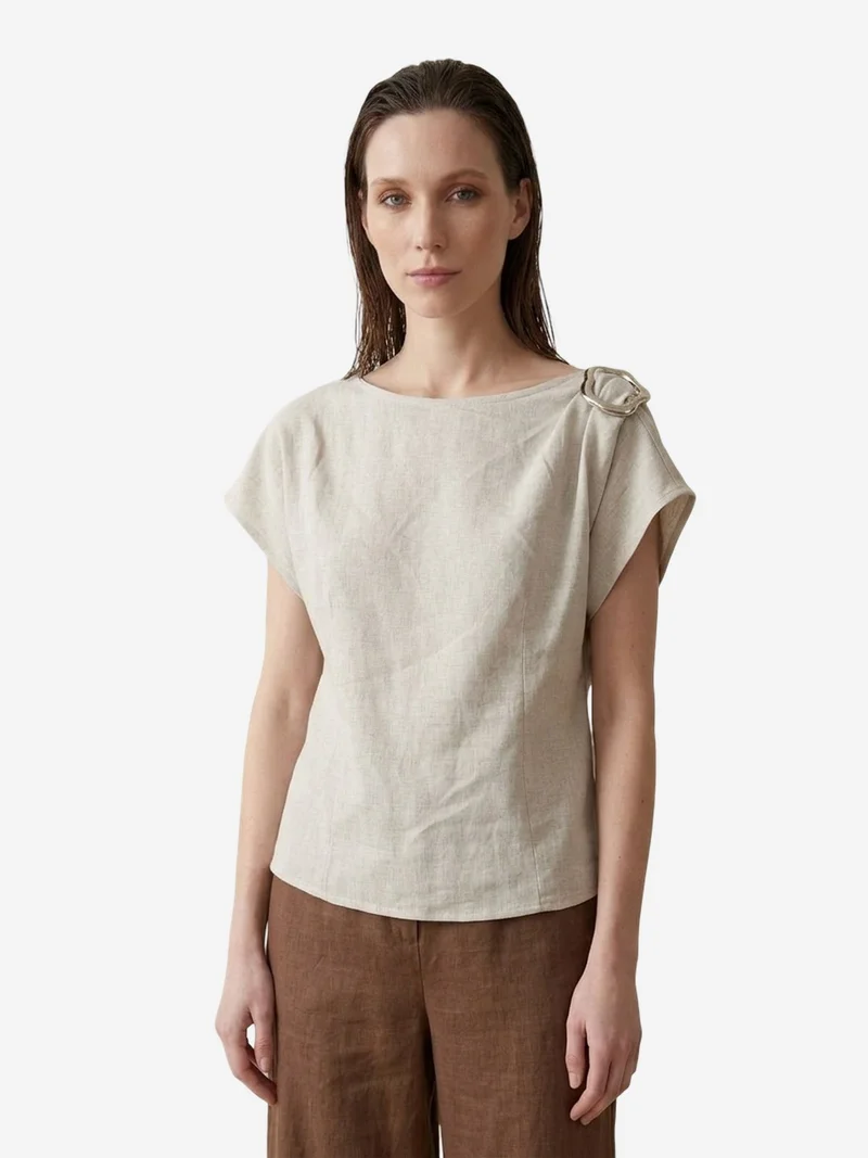 My Fashion Stone Natural MY FASHION Cotton Poplin Boat Neck Blouse with Bow Detail for Women | Best Price UAE
