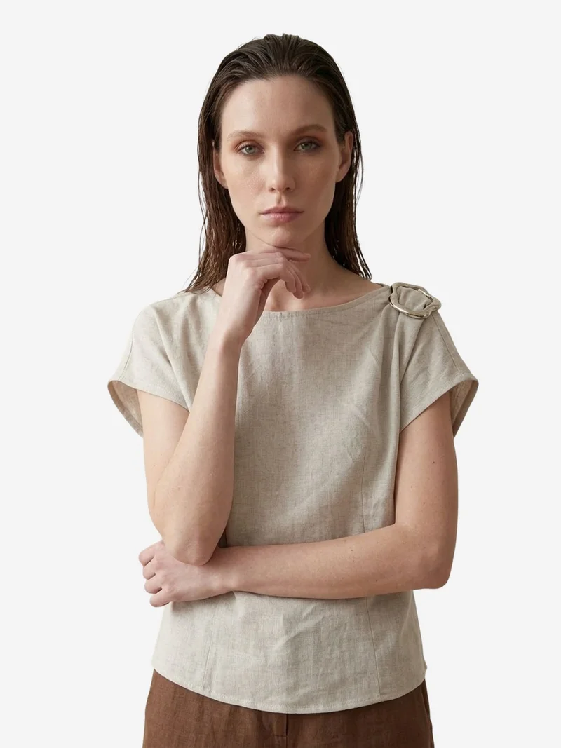 My Fashion Stone Natural MY FASHION Cotton Poplin Boat Neck Blouse with Bow Detail for Women | Best Price UAE