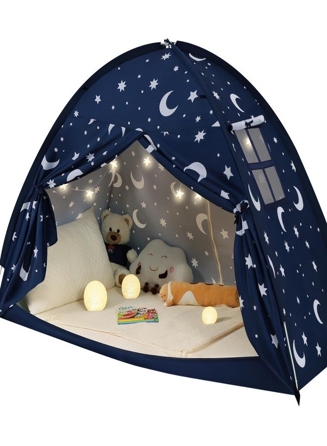 PIIKAGO Twin Bed Tent for Kids, Twin Size Bed Canopy with Star Lights, Privacy Space Blackout Sleeping Tents, Indoor Breathable Portable Floor Bed Tent for Boys and Girls, Dark Moon & Stars - Image 1