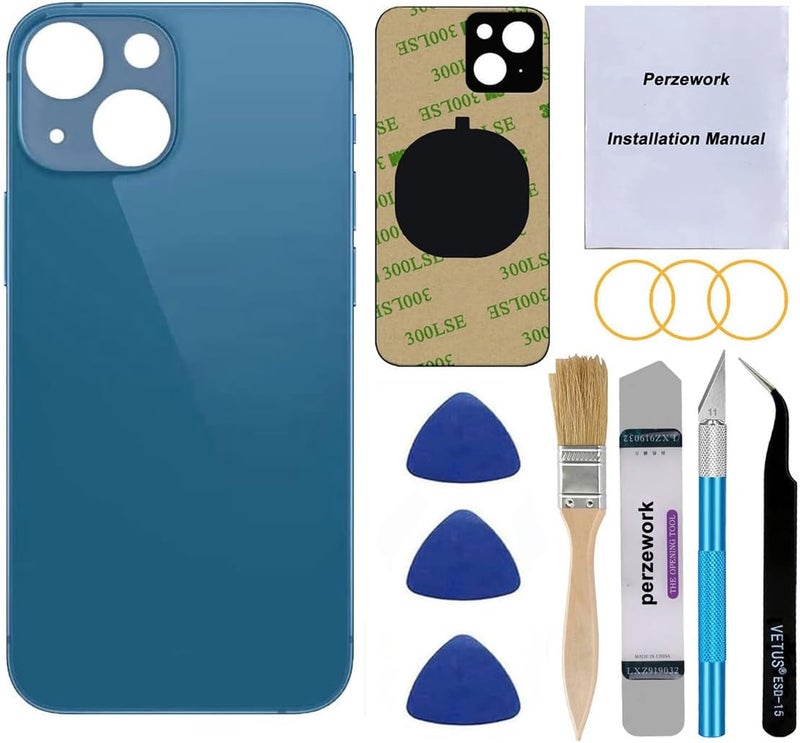 Perzework OEM Rear Back Glass Replacement for iPhone 13 mini 5.4 inches (Blue) with Reparing Toolkit - Image 1