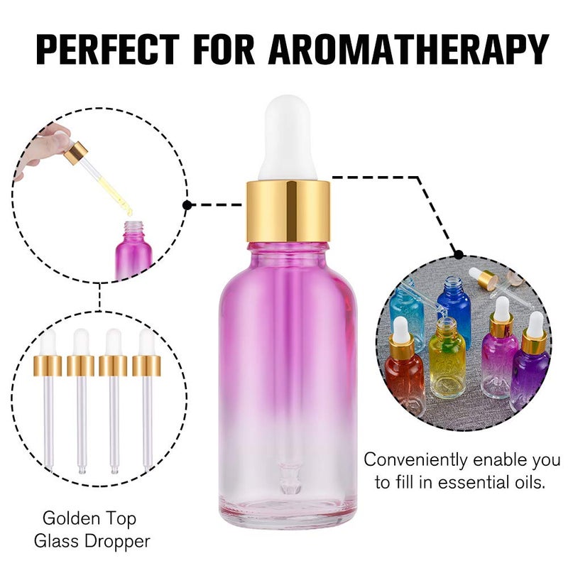 PrettyCare 4 Pack 1oz Dropper Bottle for Essential Oils, 30 ml Rainbow Glass Leak Proof Essential Oils Bottles with Labels, Funnel & Pipettes- Empty Tincture Bottles for Personal Care & Beauty - Image 3
