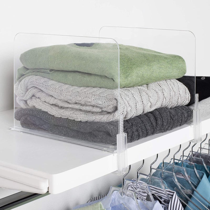 Richards Homewares Acrylic Shelf Dividers Purse Sweaters Organizer for Closet Clear Separators Closet Shelf Organizer 4 Pack Adjustable up to 25 Thick