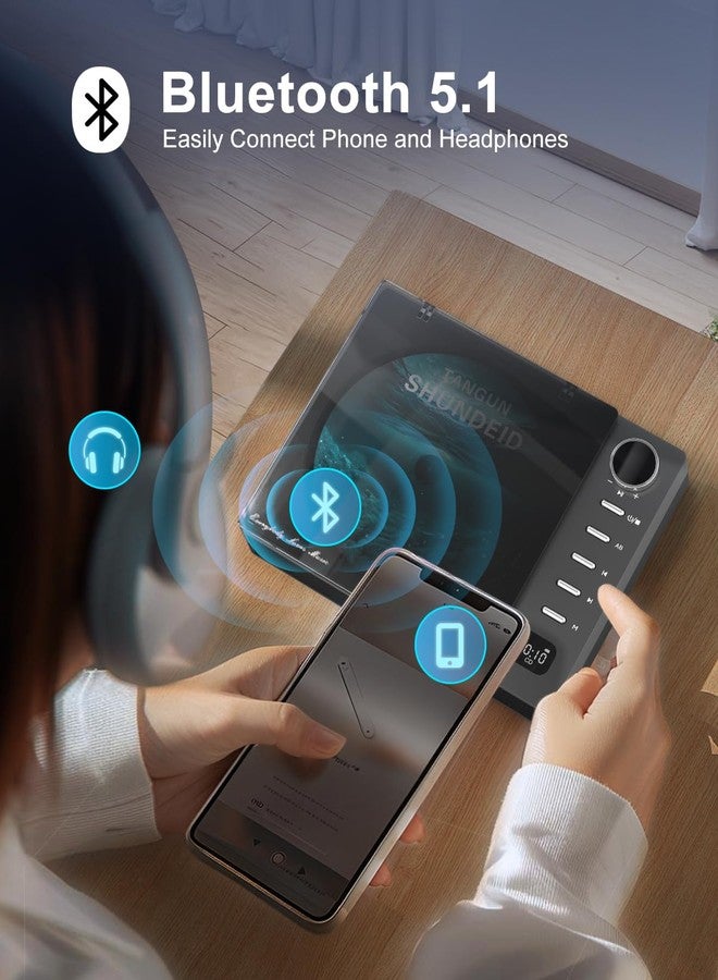 ليبويل مشغل أقراص مدمجة محمول من Leapwell، مشغل أقراص مدمجة محمول مع مكبرات صوت، قابل لإعادة الشحن بتقنية بلوتوث، مشغل أقراص مدمجة صغير الحجم بتصميم كلاسيكي للمنزل، مشغل أقراص مدمجة شخصي مكتبي مع منفذ USB وراديو FM، لون أسود - Image 3