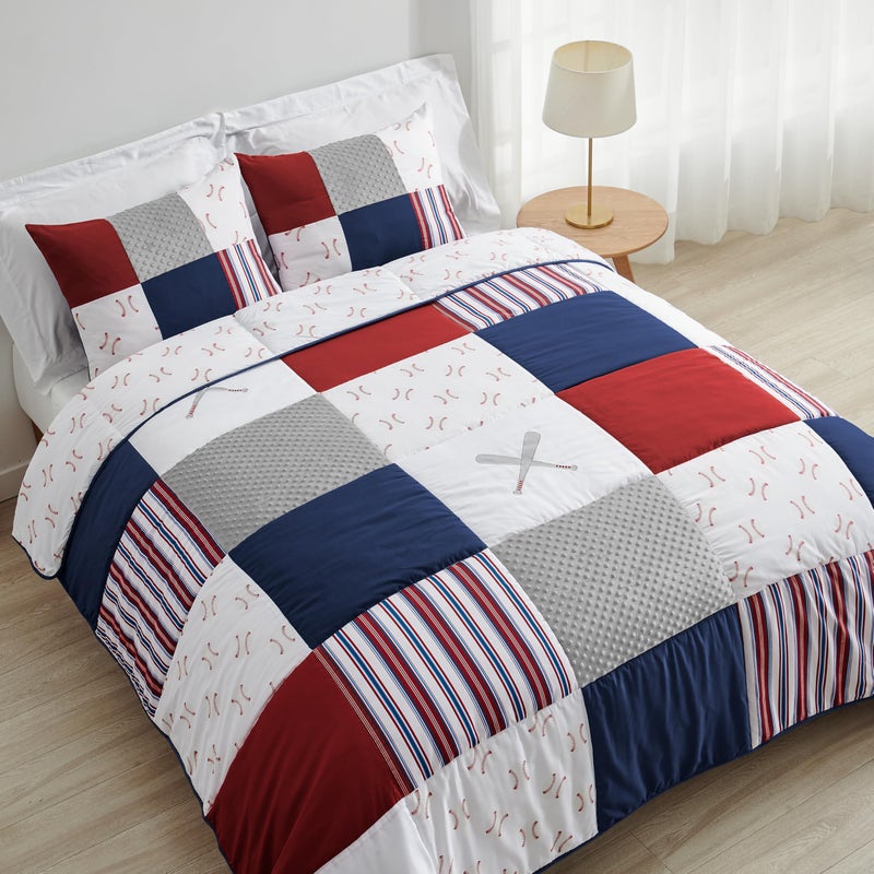 Sweet Jojo Designs Sweet Jojo Designs 2Piece Twin Comforter Set Baseball Patch Sports for Boys Children Kids Bedding Bed in a Bag incl Blanket  Pillow Sham Patchwork Base Ball Stripe Red White  Blue Grey