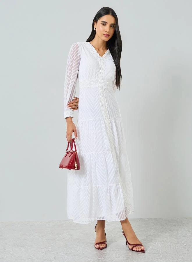 Styli Off-White Lace Insert Long Sleeves Tiered Maxi Dress