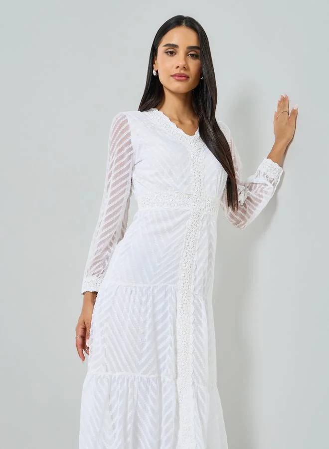 Styli Off-White Lace Insert Long Sleeves Tiered Maxi Dress