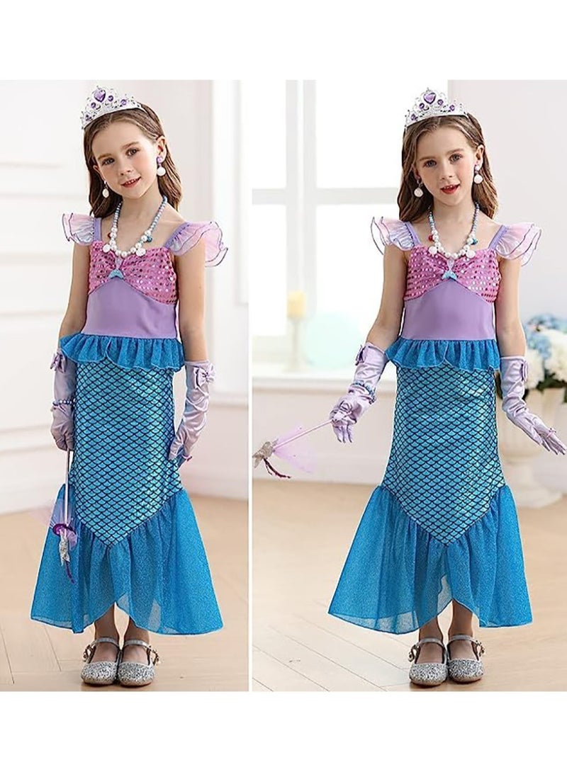 Little Girls Mermaid Princess Costume Party Dress For Kids Mermaid Costume Princess Dress Up With Accessories Including Pendant Earrings Hair Clips Handbag (A)  - Image 2