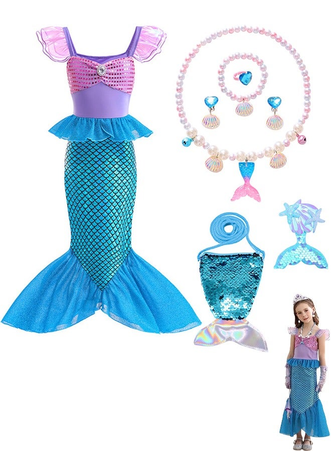 Little Girls Mermaid Princess Costume Party Dress For Kids Mermaid Costume Princess Dress Up With Accessories Including Pendant Earrings Hair Clips Handbag (A)  - Image 1