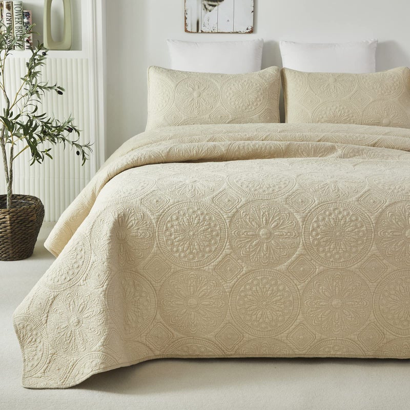 Brandream Luxury Quilt Bedding Set Queen Size Quilt Set Cotton Beige 3 Piece Medallion Matelasse Coverlet Set - Image 5