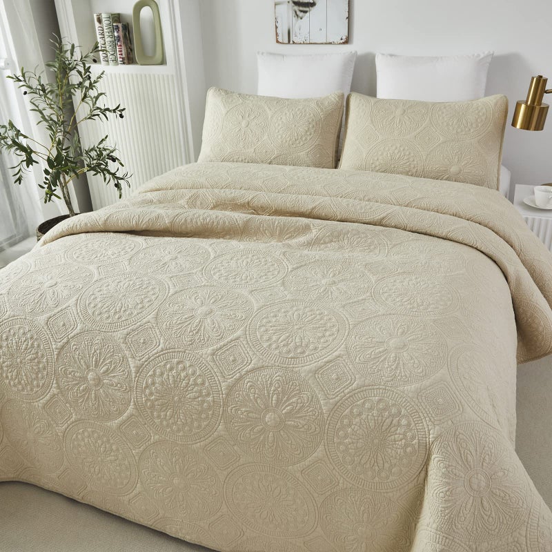 Brandream Luxury Quilt Bedding Set Queen Size Quilt Set Cotton Beige 3 Piece Medallion Matelasse Coverlet Set - Image 3