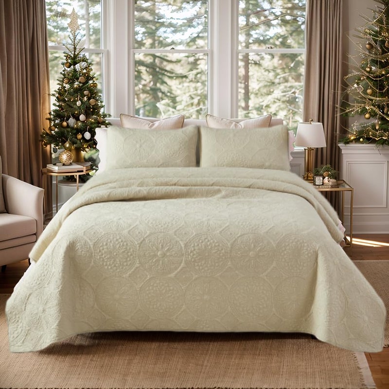 Brandream Luxury Quilt Bedding Set Queen Size Quilt Set Cotton Beige 3 Piece Medallion Matelasse Coverlet Set - Image 2