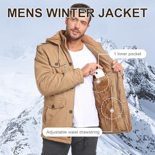 CHEXPEL Men's Winter Jackets with Removable Hood Fleece Lined Cotton Military Work Jackets Outerwear Coats with Pockets Khaki XL - Image 5