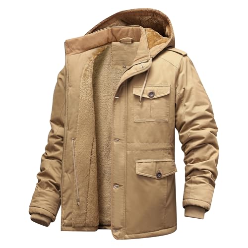 CHEXPEL Men's Winter Jackets with Removable Hood Fleece Lined Cotton Military Work Jackets Outerwear Coats with Pockets Khaki XL - Image 1