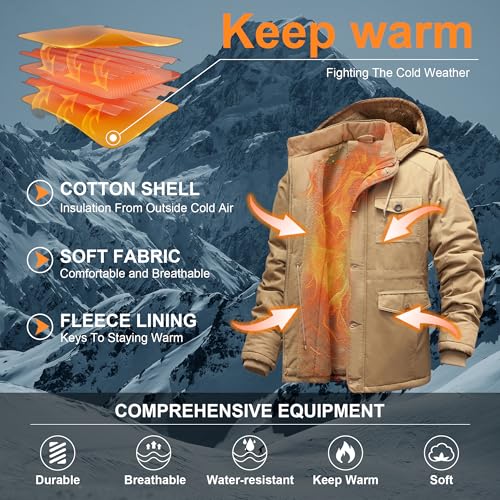 CHEXPEL Men's Winter Jackets with Removable Hood Fleece Lined Cotton Military Work Jackets Outerwear Coats with Pockets Khaki XL - Image 3