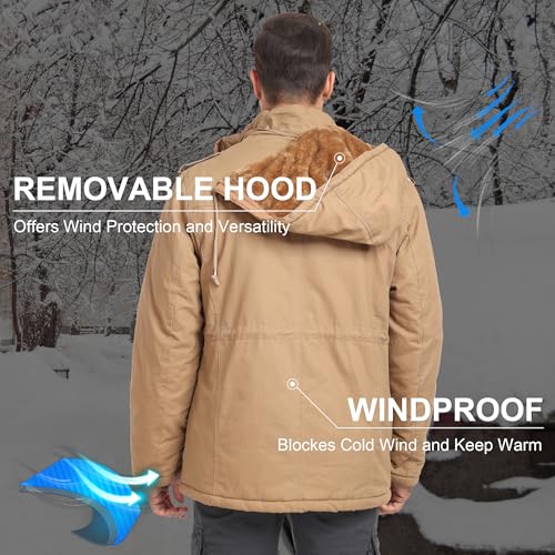 CHEXPEL Men's Winter Jackets with Removable Hood Fleece Lined Cotton Military Work Jackets Outerwear Coats with Pockets Khaki XL - Image 2