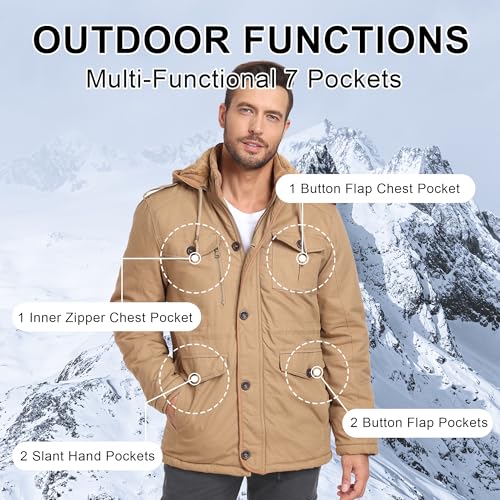 CHEXPEL Men's Winter Jackets with Removable Hood Fleece Lined Cotton Military Work Jackets Outerwear Coats with Pockets Khaki XL - Image 4