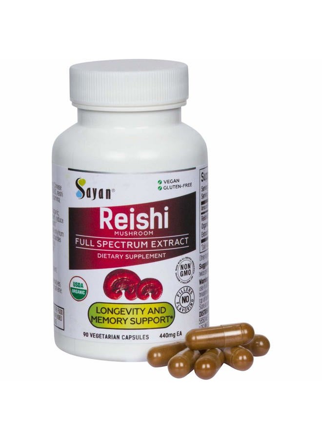 sayan Reishi Mushroom Extract 90 Capsules/440mg Each – Longevity, Vitality, Wellness & Immune Support Supplement – USDA Organic & Vegan – Non-GMO, No Fillers, or Additives – Always Pure and Potent - Image 1