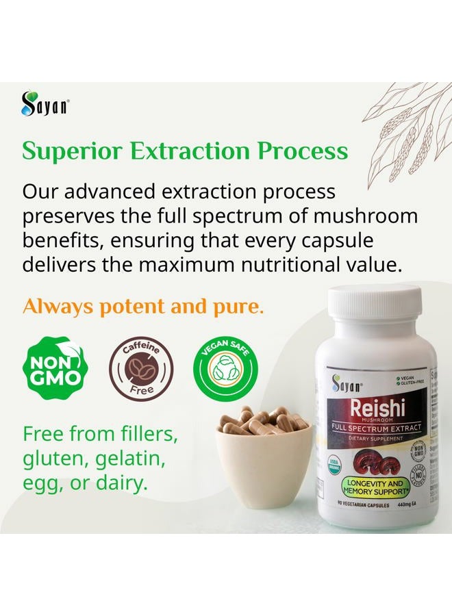 sayan Reishi Mushroom Extract 90 Capsules/440mg Each – Longevity, Vitality, Wellness & Immune Support Supplement – USDA Organic & Vegan – Non-GMO, No Fillers, or Additives – Always Pure and Potent - Image 4