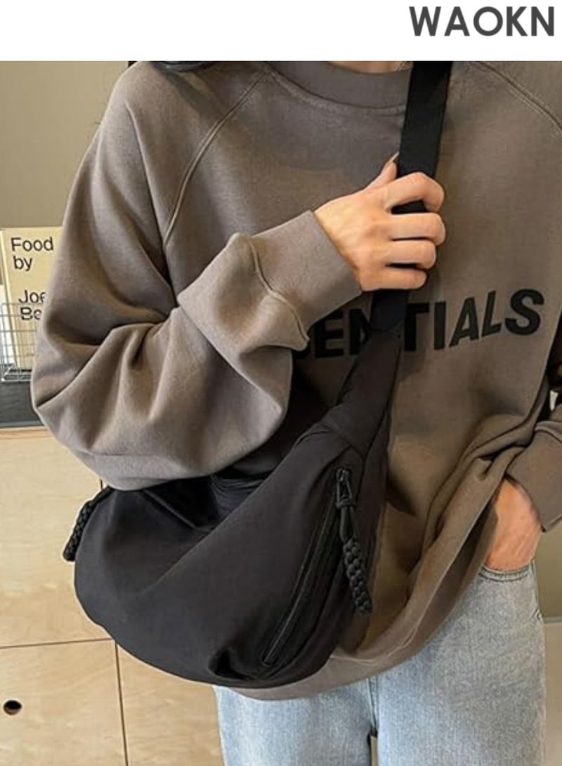 WAOKN Nylon Crossbody Bags for Women, Trendy Medium Crescent Bag,  Retro Nylon Canvas Crossbody Bag Slouchy Corduroy Dumpling BagLightweight Woman Over Shoulder Purse with Zipper(Black） - Image 2