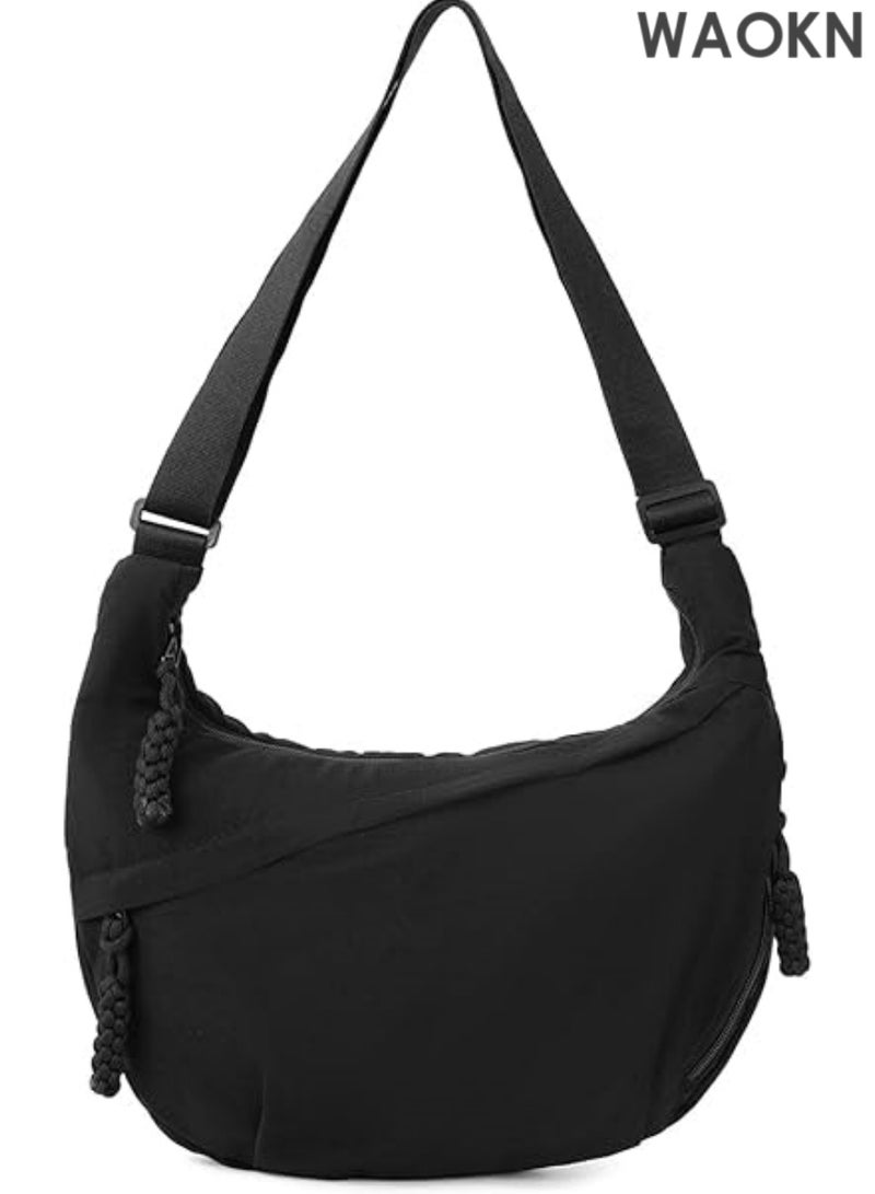 WAOKN Nylon Crossbody Bags for Women, Trendy Medium Crescent Bag,  Retro Nylon Canvas Crossbody Bag Slouchy Corduroy Dumpling BagLightweight Woman Over Shoulder Purse with Zipper(Black） - Image 1
