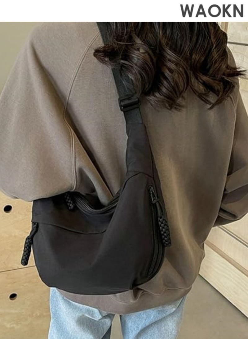 WAOKN Nylon Crossbody Bags for Women, Trendy Medium Crescent Bag,  Retro Nylon Canvas Crossbody Bag Slouchy Corduroy Dumpling BagLightweight Woman Over Shoulder Purse with Zipper(Black） - Image 4