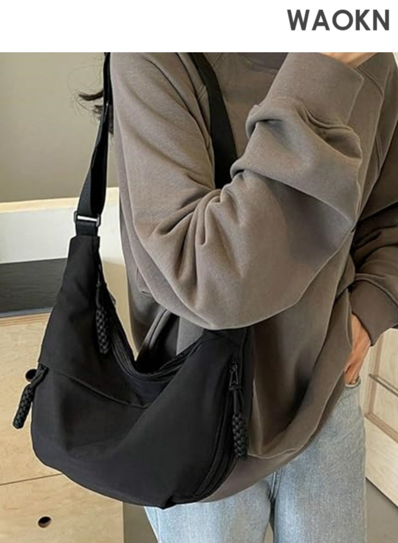 WAOKN Nylon Crossbody Bags for Women, Trendy Medium Crescent Bag,  Retro Nylon Canvas Crossbody Bag Slouchy Corduroy Dumpling BagLightweight Woman Over Shoulder Purse with Zipper(Black） - Image 3