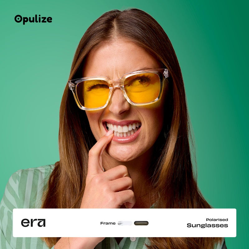 OPULIZE ERA Sunglasses for Women Men, Oversized Rectangular Frame with Spring Hinges, Polarised Yellow Tinted Lens With UV400 Protection,Anti-reflective & Anti-Glare, Clear (Pack of 1) - Image 2