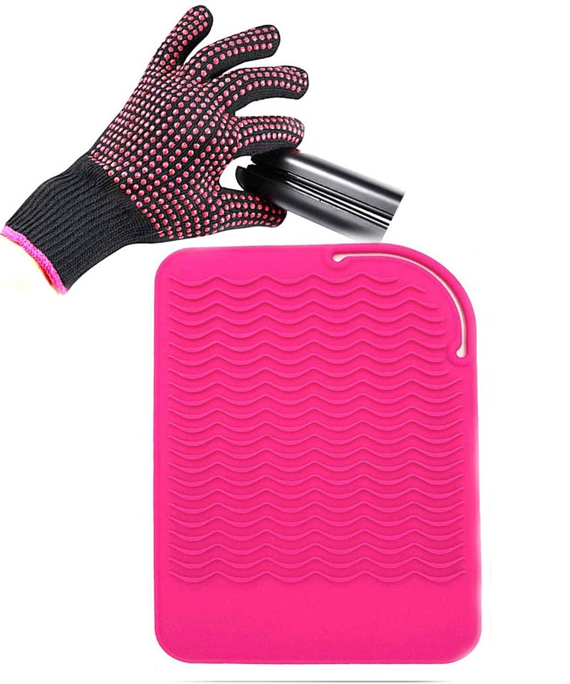 Heat Resistant Glove with Heat Resistant Mat for Curling Iron Hair Straightener Flat Irons Silicone Bump Glove 9 x 65 Food Grade Silicone Mat Pink