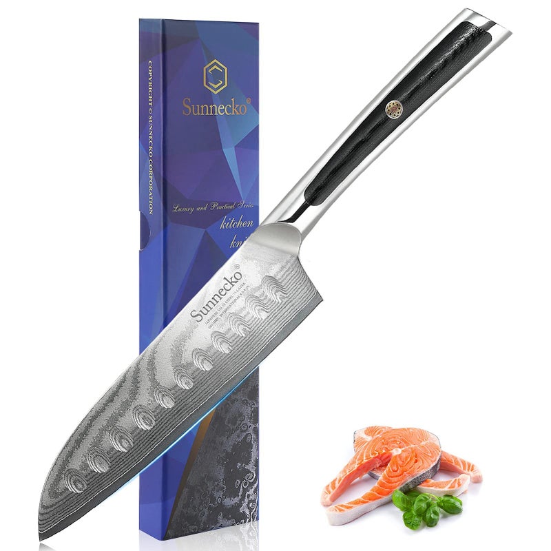 Sunnecko Kitchen Knife Japanese Damascus Santoku Knife 5 InchHigh Carbon Steel Cooking Knife Professional with G10 Handle