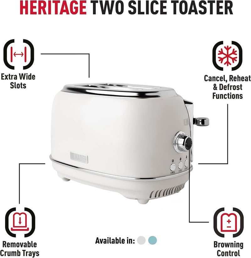 Haden Heritage White Toaster 2 Slice - Variable Browning Control - Electric Stainless Steel Toaster - Economy Mode - Reheat, Cancel and Defrost Functions - 1370-1630W - Image 2