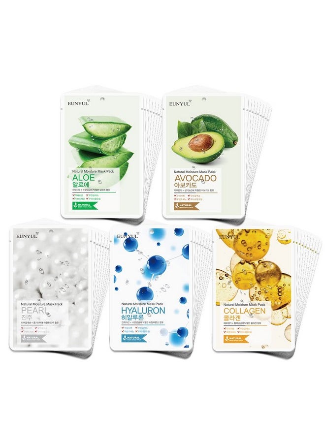 Eunyul EUNYUL [PACK OF 50] Natural Sheet Mask Pack 5 types x 10 set/Aloe, Collagen, Pearl, Hyaluron, Avocado  - Image 1