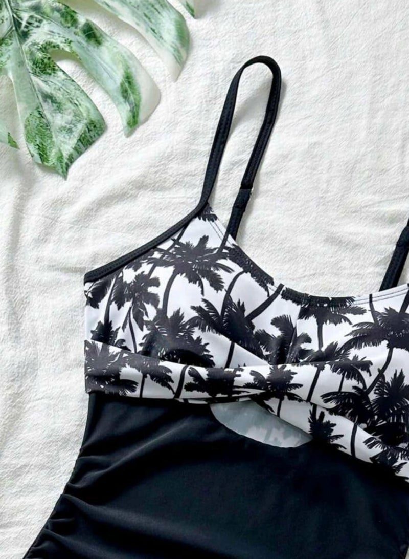 Shein SHEIN SWIMSUIT 1pc Black Floral Print & Hollow Cross Front Adjustable Straps Ruched Side - Image 3