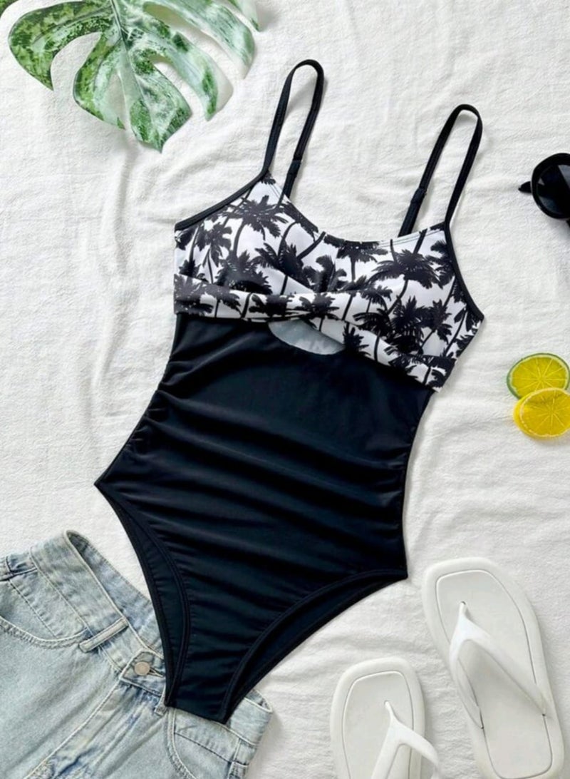 Shein SHEIN SWIMSUIT 1pc Black Floral Print & Hollow Cross Front Adjustable Straps Ruched Side - Image 4