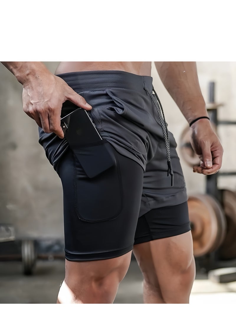 Lee Yon Men's 2-In-1 Athletic Running Shorts, Lightweight Sportwear Quick-Drying Shorts, Fitness Stretch Sports Shorts with Pockets for Phone, No Fading, No Deformation, XXL (165-175CM,65-73KG)  - Image 1