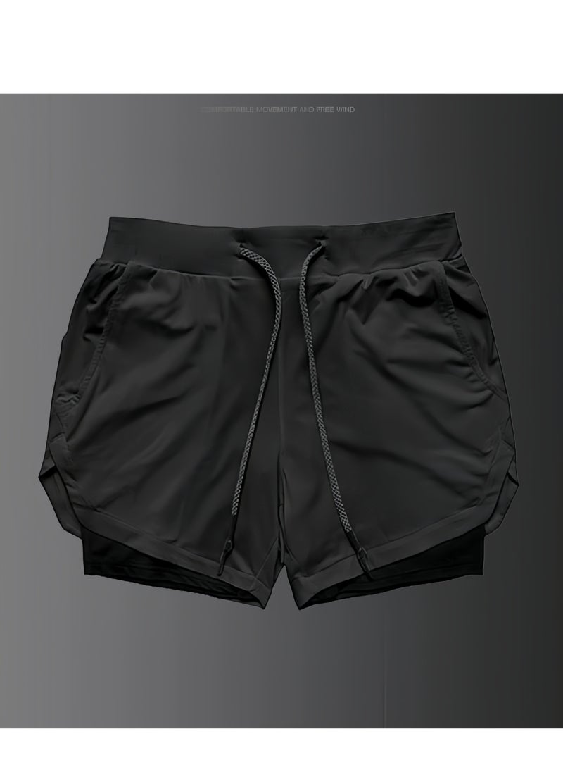 Lee Yon Men's 2-In-1 Athletic Running Shorts, Lightweight Sportwear Quick-Drying Shorts, Fitness Stretch Sports Shorts with Pockets for Phone, No Fading, No Deformation, XXL (165-175CM,65-73KG)  - Image 2