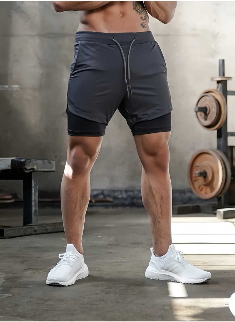 Lee Yon Men's 2-In-1 Athletic Running Shorts, Lightweight Sportwear Quick-Drying Shorts, Fitness Stretch Sports Shorts with Pockets for Phone, No Fading, No Deformation, XXL (165-175CM,65-73KG)  - Image 3