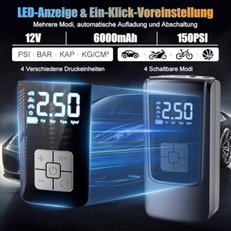 منفاخ إطارات ضاغط هواء محمول، منفاخ إطارات مع شاشة LCD، منفاخ مضخة هواء ببطارية قابلة لإعادة الشحن بقدرة 4000 مللي أمبير في الساعة لإطارات السيارات والدراجات النارية والدراجة وكرة السلة وغيرها من المواد القابلة للنفخ - Image 4