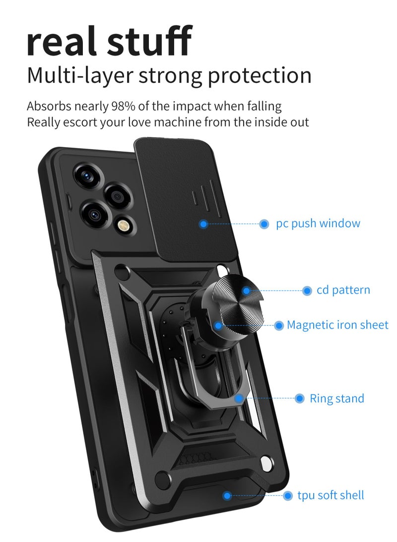 Honor 200 Lite 5G Case Cover, Slide Camera Lens Cover + 360°Rotating Kickstand Ring + Support Magnetic Car Mount Shockproof Mobile Phone Case Black  - Image 3