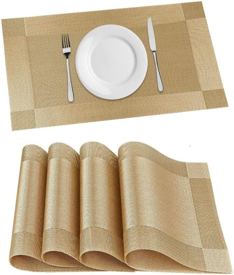 GKN Washable PVC Heat Resistant Colorful Table Place Mats for Kitchen Dining Table Mates Washable Heat-Resistant for Dining Table (Gold, Pack of 4) - Image 1