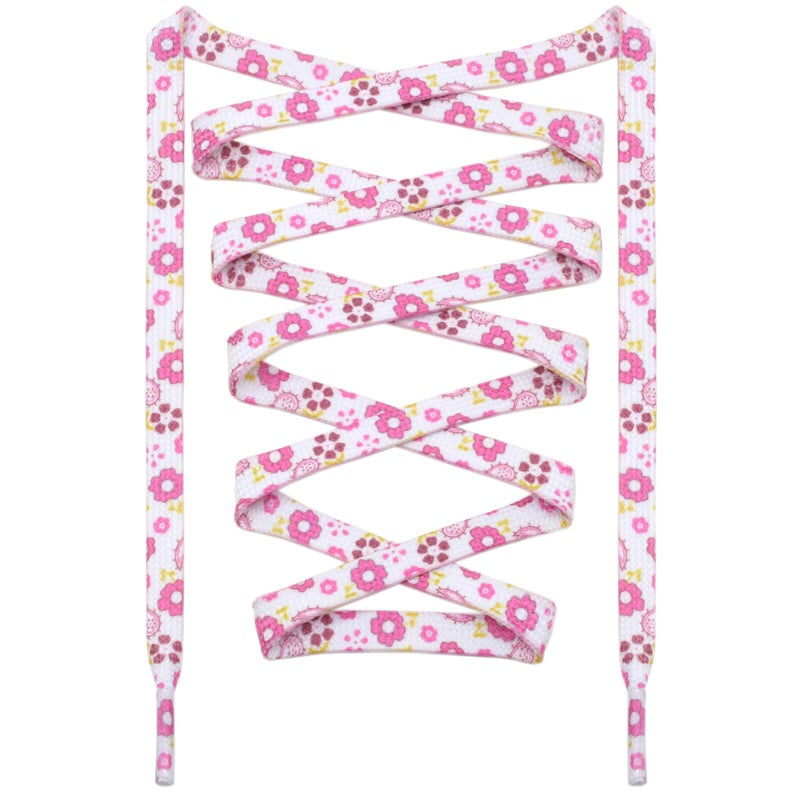 DANHUA Colored Printed Flat Shoelaces: 2 Pair White Pink Patterned Shoe Laces for Sneakers 63 inch - Image 1