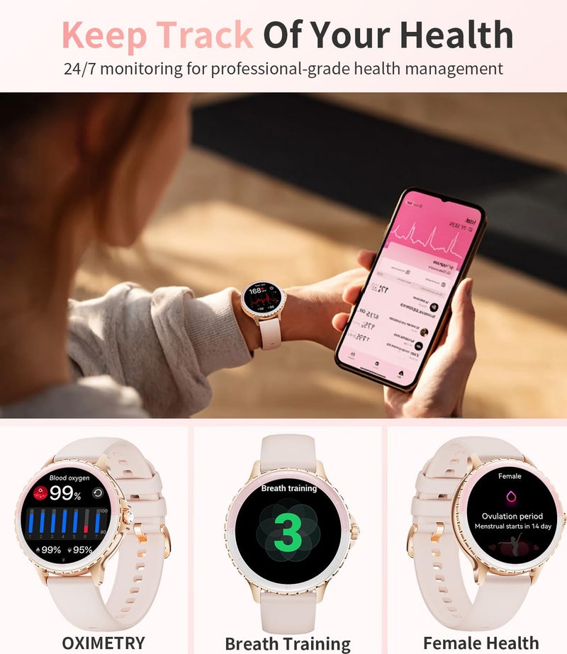 SUNKTA Smart Watch for Women (Answer/Make Call),1.27" Curved Displayâ€‹ Smartwatch with Female Cycle/Sleep Monitor,5ATM Waterproof Fitness Tracker 100 Sport Modes Pedometer for Android/iOS,Gold - Image 5