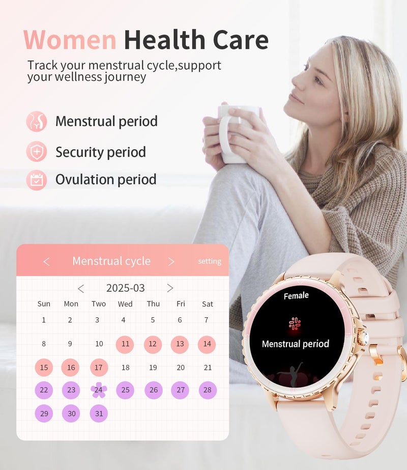 SUNKTA Smart Watch for Women (Answer/Make Call),1.27" Curved Displayâ€‹ Smartwatch with Female Cycle/Sleep Monitor,5ATM Waterproof Fitness Tracker 100 Sport Modes Pedometer for Android/iOS,Gold - Image 4