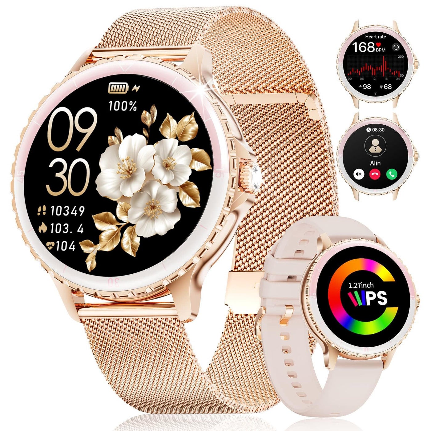 SUNKTA Smart Watch for Women (Answer/Make Call),1.27" Curved Display​ Smartwatch with Female Cycle/Sleep Monitor,5ATM Waterproof Fitness Tracker 100 Sport Modes Pedometer for Android/iOS,Gold