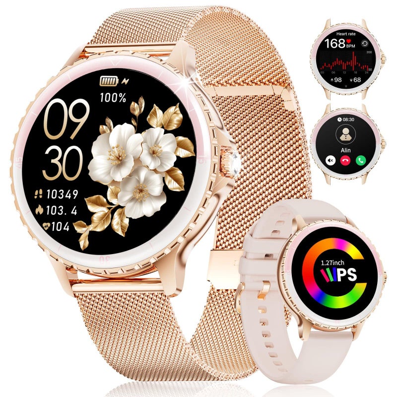 SUNKTA Smart Watch for Women (Answer/Make Call),1.27" Curved Displayâ€‹ Smartwatch with Female Cycle/Sleep Monitor,5ATM Waterproof Fitness Tracker 100 Sport Modes Pedometer for Android/iOS,Gold - Image 1