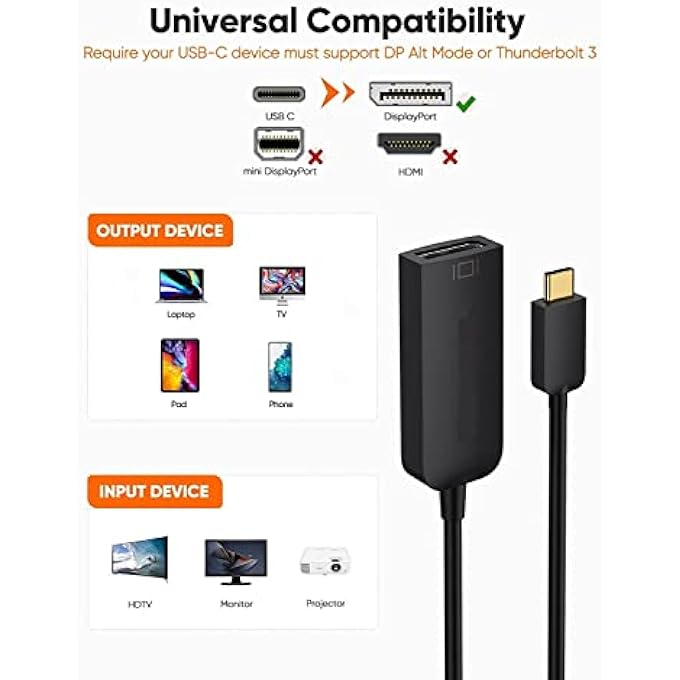 rayihni USB C TO DISPLAYPORT ADAPTER 8K@60HZ/4K@144HZ, USB TYPE C TO DP 1.4 CABLE ADAPTER [THUNDERBOLT 3/4 COMPATIBLE] FOR VALVE INDEX, MAC MINI 2018, MACBOOK PRO/AIR 2020, XPS (1G-USBC2DP-2) - Image 2