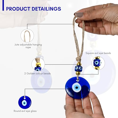 VKORA Handmade Turkish Evil Eye Hanging with Beads for Decoration of Home Shop Office Garden and Car (Golden Blue) - Image 4